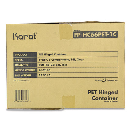 PET Plastic Hinged Container, 6 x 6 x 3.3, Clear, Plastic, 500/Carton