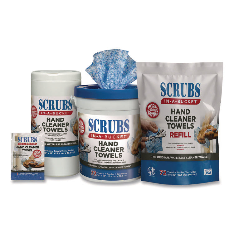 Hand Cleaner Towels, SCRUBS in-a-Bucket Refill, 1-Ply, 10 x 12, Citrus, Blue/White, 72/Pack, 6 Packs/Carton