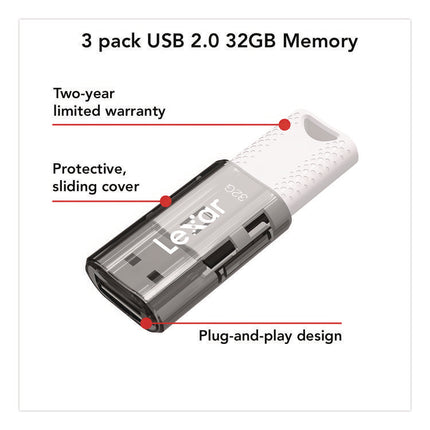 JumpDrive S60 USB 2.0 Flash Drive, 32 GB, Gray/White, 3/Pack