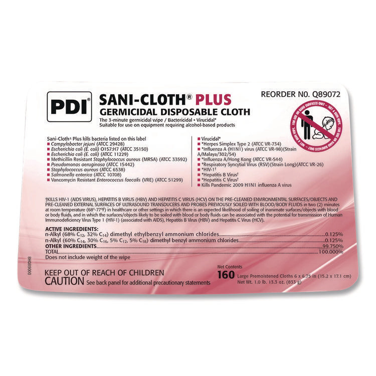 PDI San-Cloth Plus Germicidal Disposable Cloth, 6 x 6.75, Unscented, White, 160/Pack