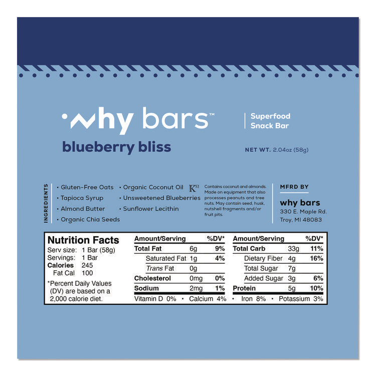 Superfood Snack Bar, Blueberry Bliss, 2.04 oz Bar, 12/Box