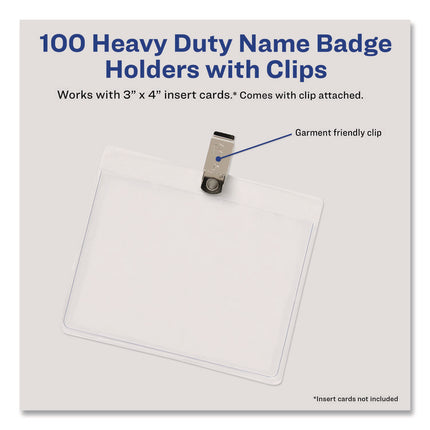 Heavy-Duty Clip-Style Badge Holders, Horizontal, 4 X 3, Clear, 100/box