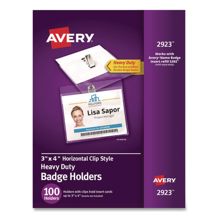 Heavy-Duty Clip-Style Badge Holders, Horizontal, 4 X 3, Clear, 100/box
