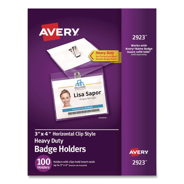 Heavy-Duty Clip-Style Badge Holders, Horizontal, 4 X 3, Clear, 100/box
