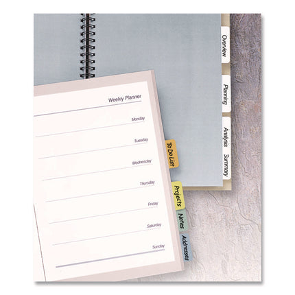 Printable Plastic Tabs with Repositionable Adhesive, 1/5-Cut, Assorted Colors, 1.25" Wide, 96/Pack