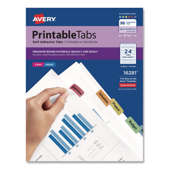Printable Plastic Tabs with Repositionable Adhesive, 1/5-Cut, Assorted Colors, 1.25" Wide, 96/Pack