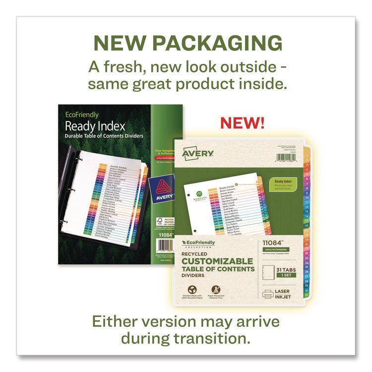 Customizable Table Of Contents Ready Index Dividers With Multicolor Tabs, 31-Tab, 1 To 31, 11 X 8.5, White, 1 Set