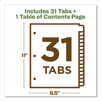 Customizable Table Of Contents Ready Index Dividers With Multicolor Tabs, 31-Tab, 1 To 31, 11 X 8.5, White, 1 Set