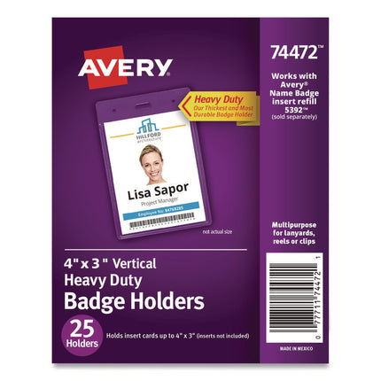 Secure Top Heavy-Duty Badge Holders, Vertical, 3w X 4h, Clear, 25/pack