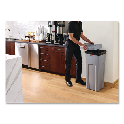 Universal Square Trash Can with Swing Lid, 23 gal, Plastic, Gray