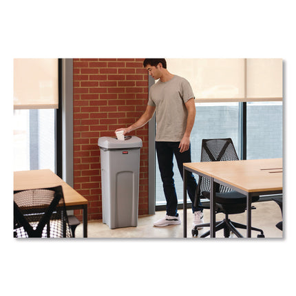 Universal Square Trash Can with Swing Lid, 23 gal, Plastic, Gray
