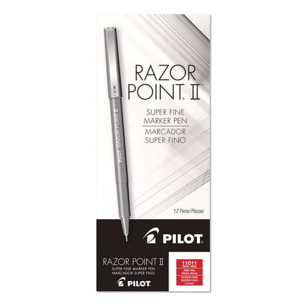 Razor Point II Super Fine Line Porous Point Pen, Stick, Super-Fine 0.2 mm, Red Ink, Red Barrel, Dozen
