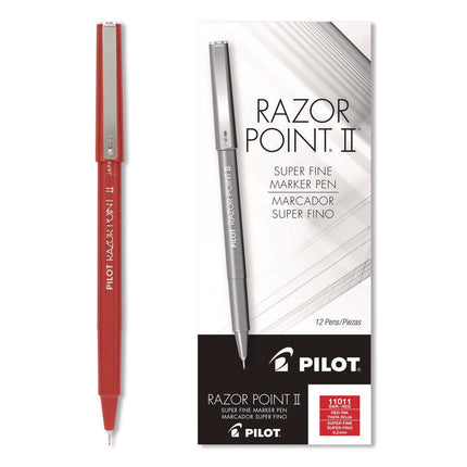 Razor Point II Super Fine Line Porous Point Pen, Stick, Super-Fine 0.2 mm, Red Ink, Red Barrel, Dozen