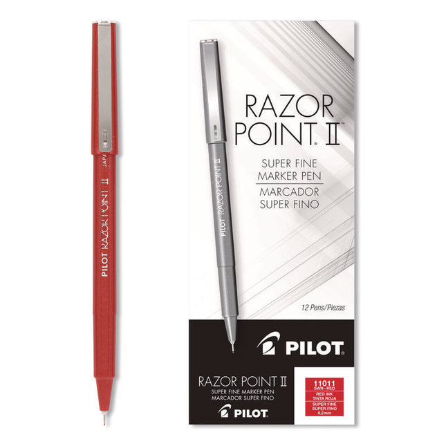 Razor Point II Super Fine Line Porous Point Pen, Stick, Super-Fine 0.2 mm, Red Ink, Red Barrel, Dozen