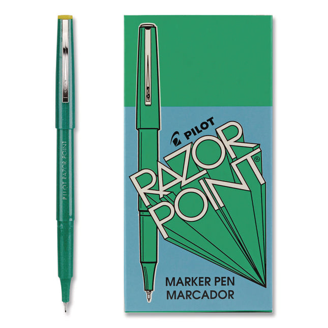Razor Point Fine Line Porous Point Pen, Stick, Extra-Fine 0.3 Mm, Green Ink, Green Barrel, Dozen