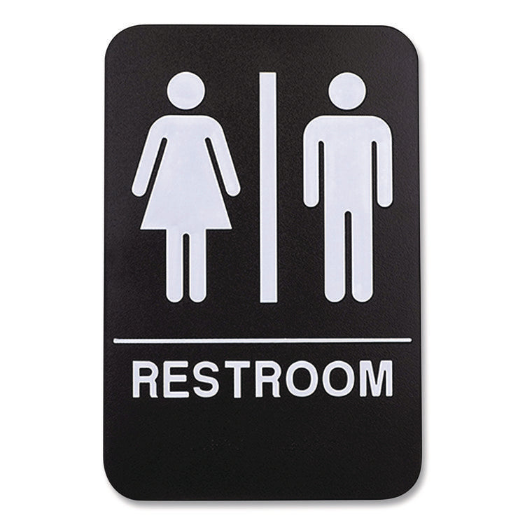 Indoor/Outdoor Restroom with Braille Text, 6" x 9", Black Face, White Graphics, 3/Pack