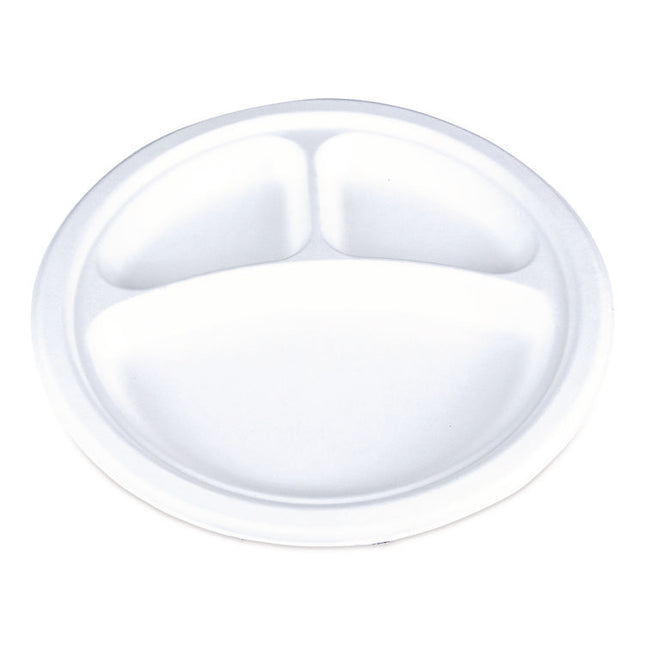 ChampWare Molded Fiber Tableware, 3-Compartment Plate, 10" dia, White, 125/Sleeve, 4 Sleeves/Carton