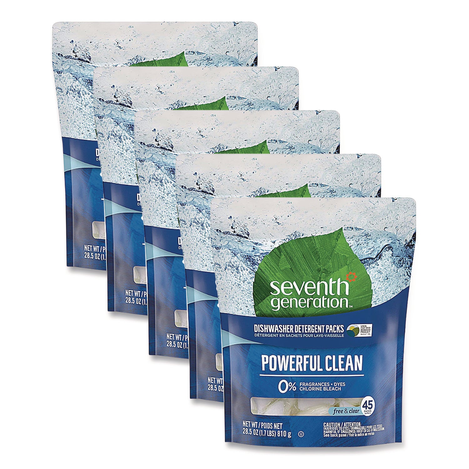 Natural Automatic Dishwasher Detergent Packs, Free and Clear, 45 Powder Packets/Box, 5 Boxes/Carton