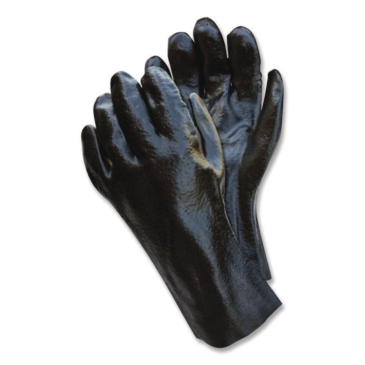 Single Dipped PVC Gloves, Rough, Interlock Lined, 12" Long, Large, Black, 12 Pair