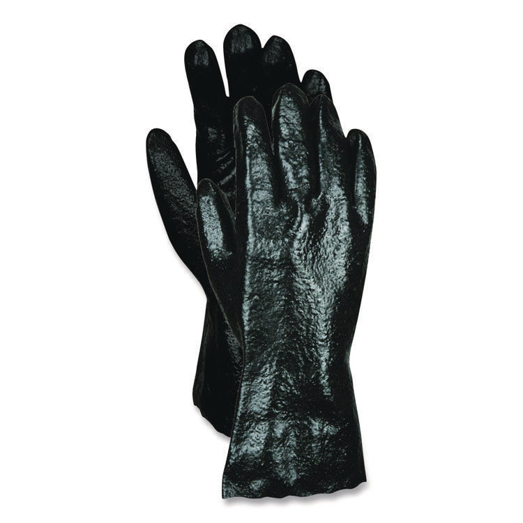 Single Dipped PVC Gloves, Rough, Interlock Lined, 12" Long, Large, Black, 12 Pair