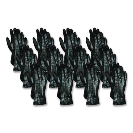 Single Dipped PVC Gloves, Rough, Interlock Lined, 12" Long, Large, Black, 12 Pair