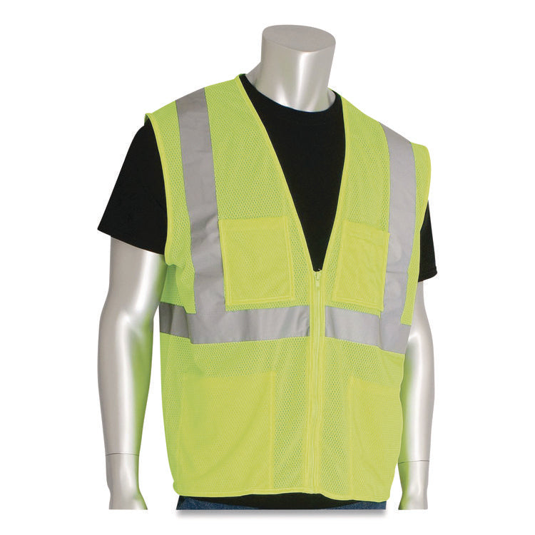 ANSI Class 2 Four Pocket Zipper Safety Vest, Polyester Mesh, 2X-Large, Hi-Viz Lime Yellow