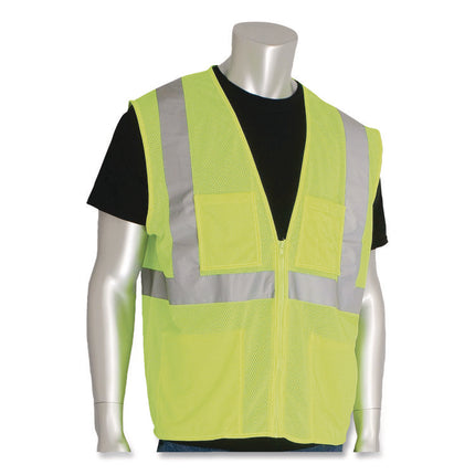 ANSI Class 2 Four Pocket Zipper Safety Vest, Polyester Mesh, X-Large, Hi-Viz Lime Yellow
