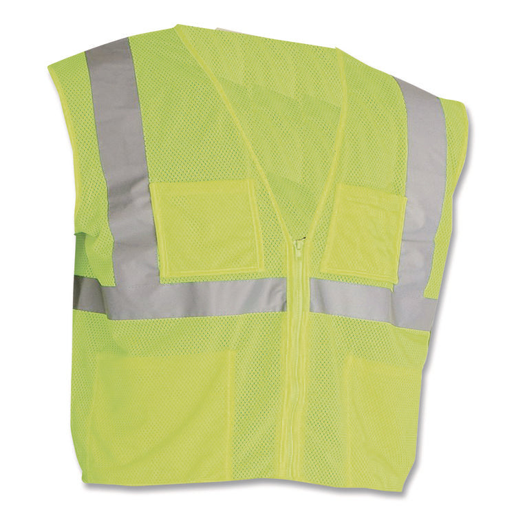 ANSI Class 2 Four Pocket Zipper Safety Vest, Polyester Mesh, X-Large, Hi-Viz Lime Yellow