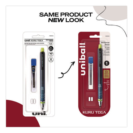 KuruToga Mechanical Pencil with Tube of Diamond Lead, 0.7 mm, HB (#2), Black Lead, Black/Green Barrel