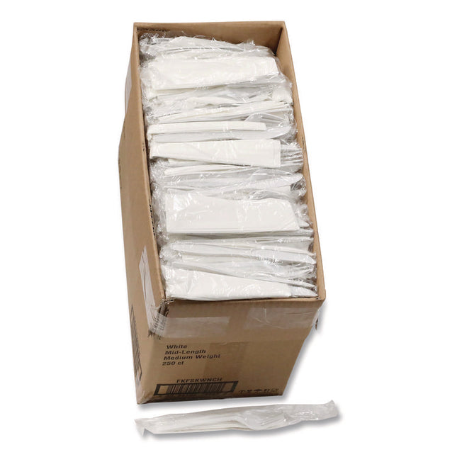 Fieldware Cutlery Kit, Individually Wrapped, Mediumweight, Fork/Knife/Napkin/Spoon, Plastic, White, 250/Carton
