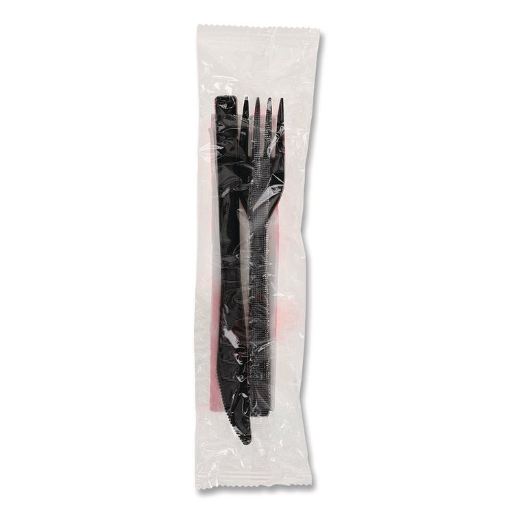 Gardenware Cutlery Kit, Individually Wrapped, Heavyweight, Fork/Knife/Napkin, Plastic, Black, 500/Carton