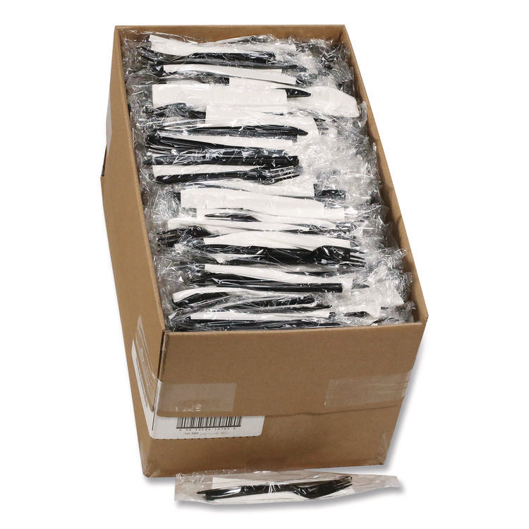 Gardenware Cutlery Kit, Individually Wrapped, Heavyweight, Fork/Knife/Napkin, Plastic, Black, 500/Carton