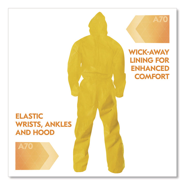 A70 Chemical Spray Protection Coveralls, Elastic Wrists, Ankles, Hood, XL, Yellow, 12/Carton