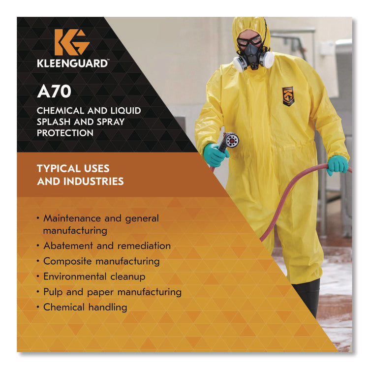 A70 Chemical Spray Protection Coveralls, Elastic Wrists, Ankles, Hood, XL, Yellow, 12/Carton