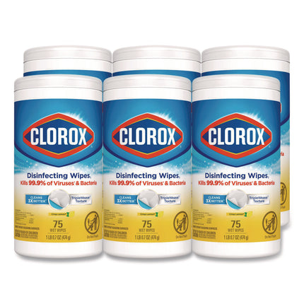 Disinfecting Wipes, Bleach Free Cleaning Wipes, 1-Ply, 7 x 7.75, Crisp Lemon, White, 75/Canister, 6 Canisters/Carton