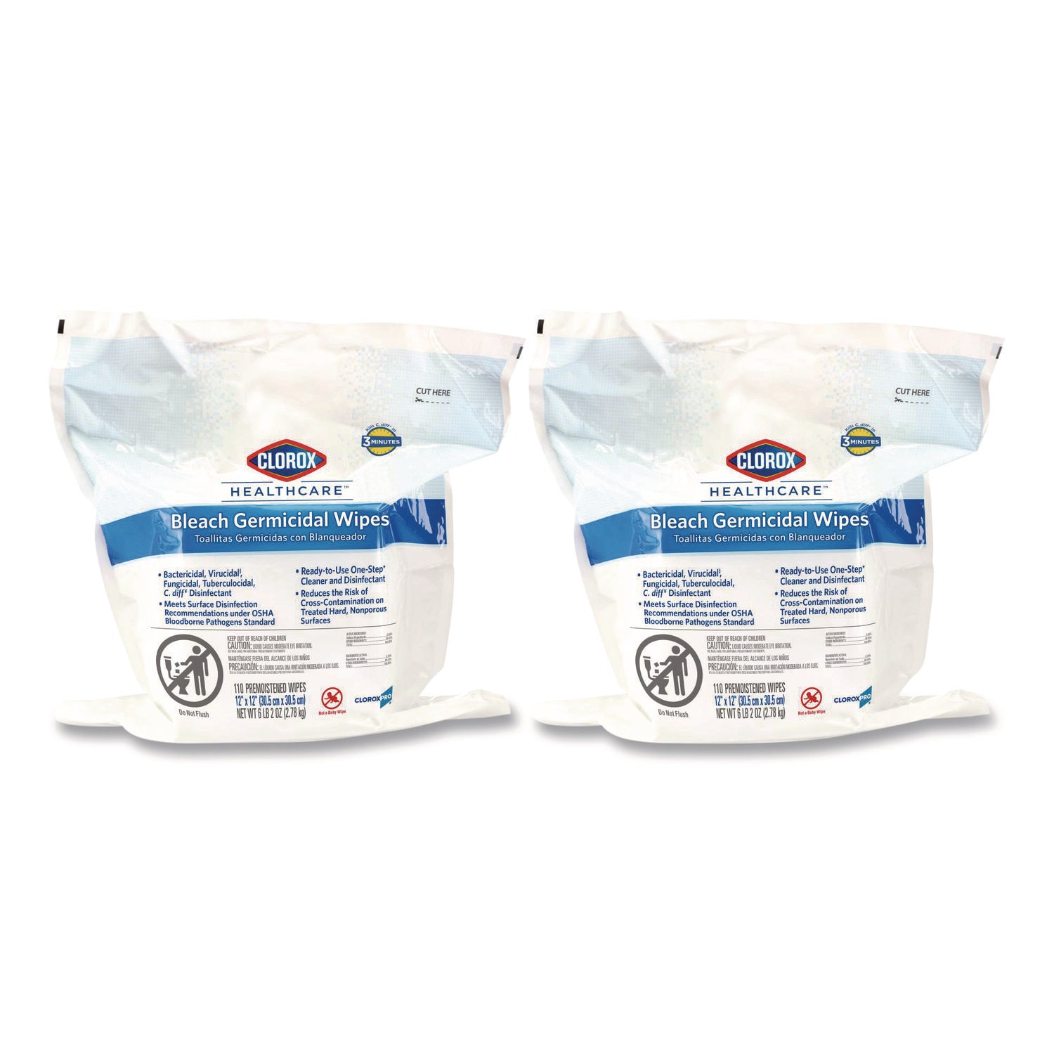 Bleach Germicidal Wipes, 1-Ply, 12 x 12, Unscented, White, 110/Refill, 2 Refills/Carton