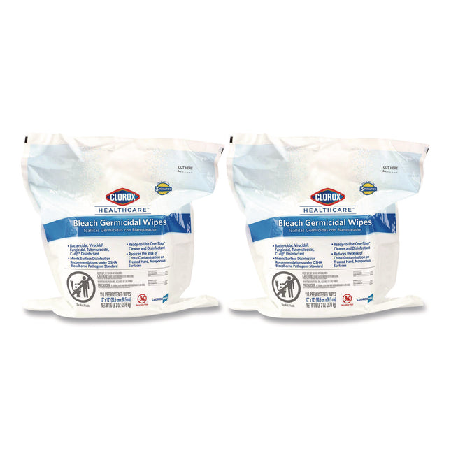 Bleach Germicidal Wipes, 1-Ply, 12 x 12, Unscented, White, 110/Refill, 2 Refills/Carton