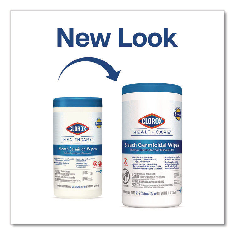 Bleach Germicidal Wipes, 1-Ply, 6 x 5, Unscented, White, 150/Canister, 6 Canisters/Carton