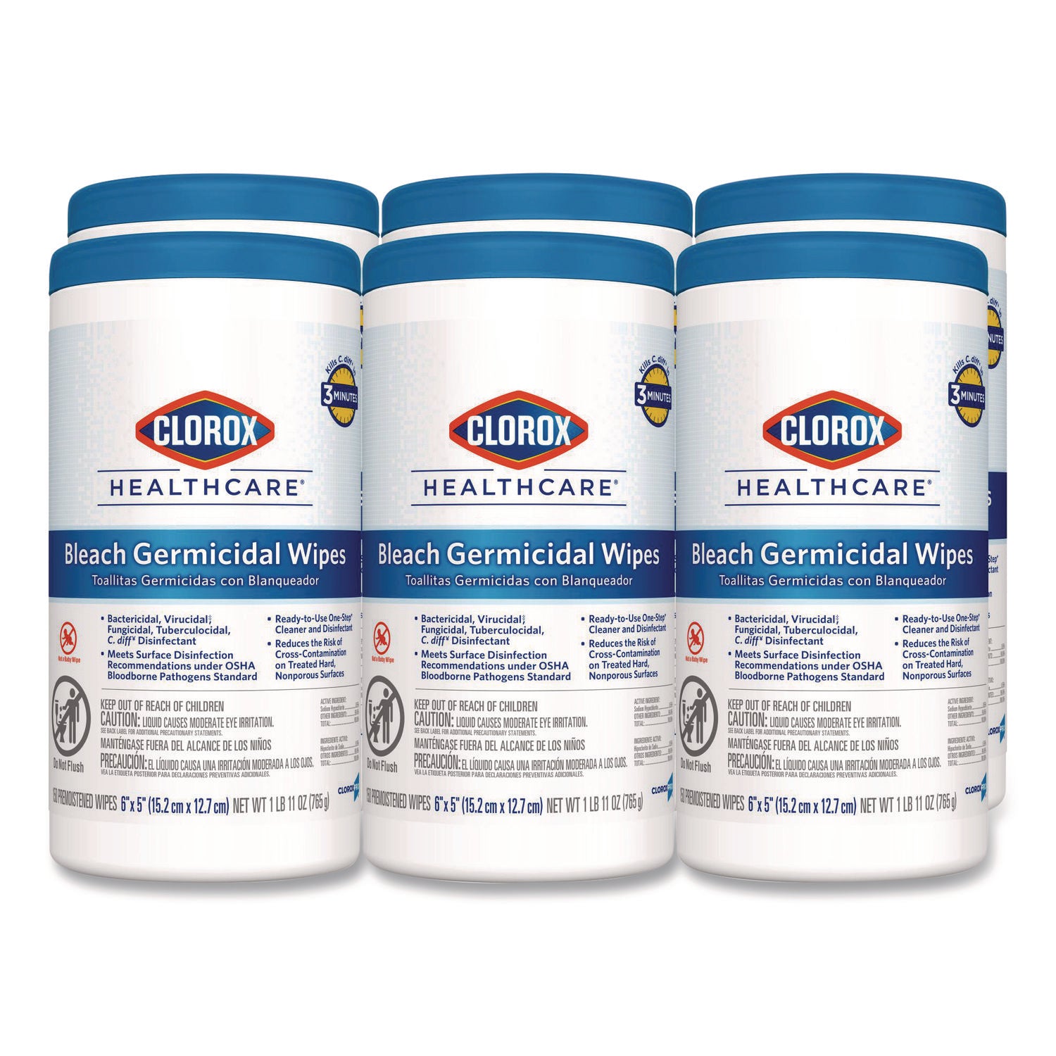 Bleach Germicidal Wipes, 1-Ply, 6 x 5, Unscented, White, 150/Canister, 6 Canisters/Carton