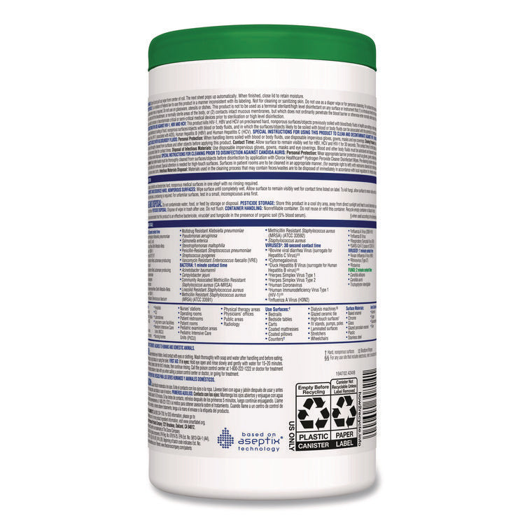 Hydrogen Peroxide Cleaner Disinfectant Wipes, 9 x 6.75, Unscented, White, 95/Canister, 6 Canisters/Carton