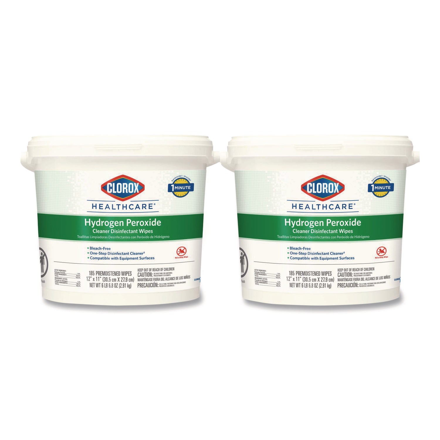 Hydrogen Peroxide Cleaner Disinfectant Wipes, 12 x 11, Unscented, White, 185/Bucket, 2 Buckets/Carton