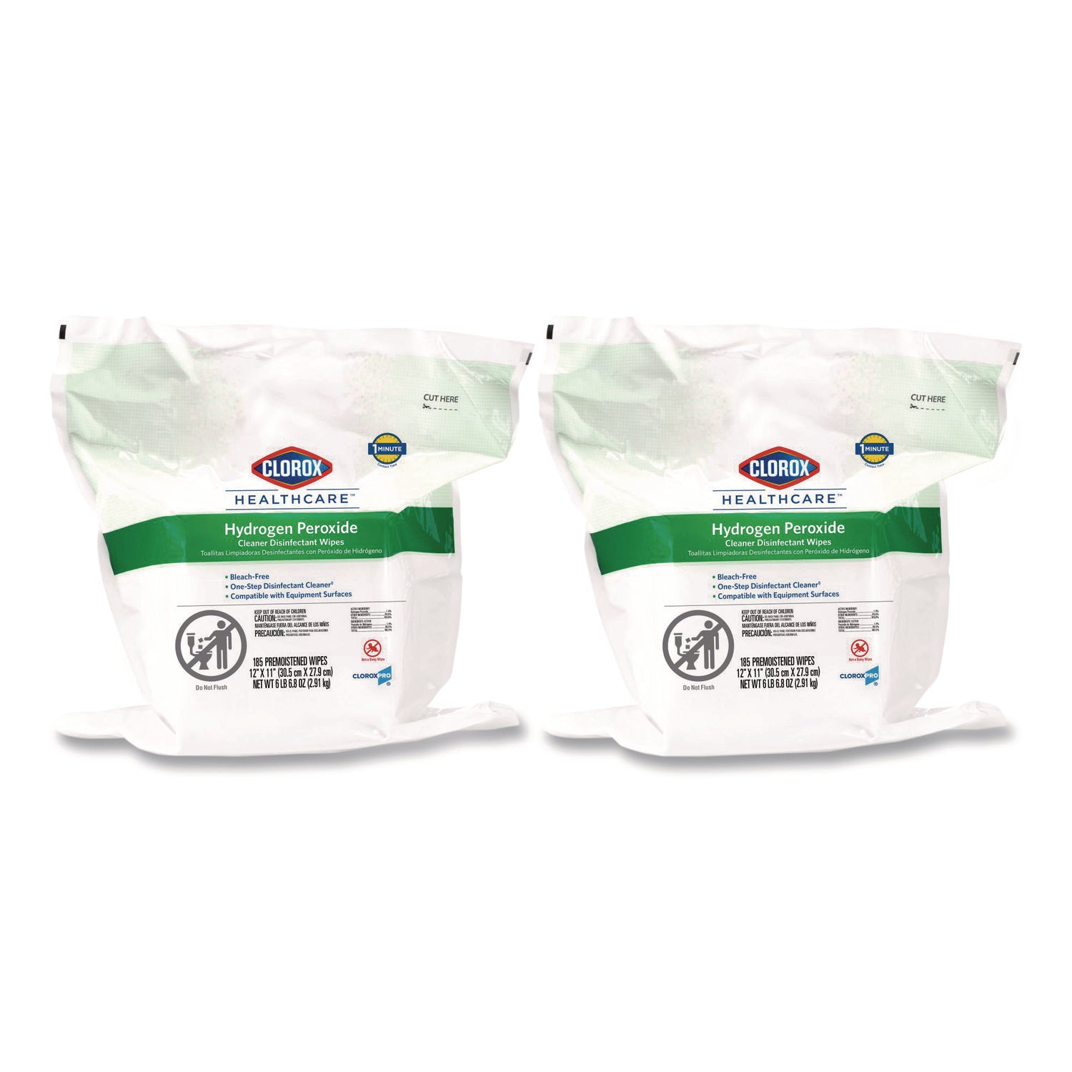 Hydrogen Peroxide Cleaner Disinfectant Wipes, 12 x 11, Unscented, White, 185/Pack, 2 Packs/Carton