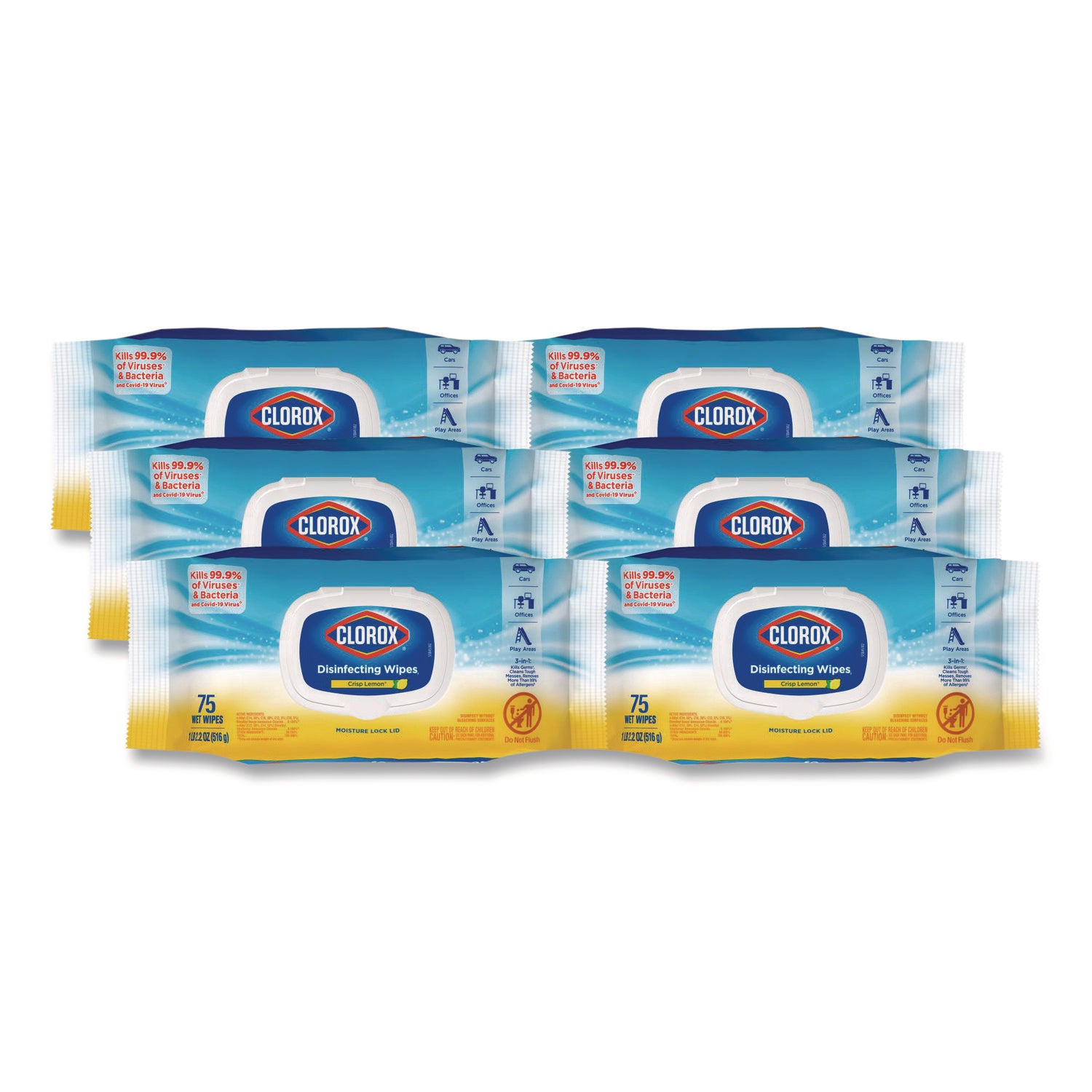 Disinfecting Wipes, Easy Pull Pack, 1-Ply, 8 x 7, Lemon Scent, White, 75 Towels/Box, 6 Boxes/Carton