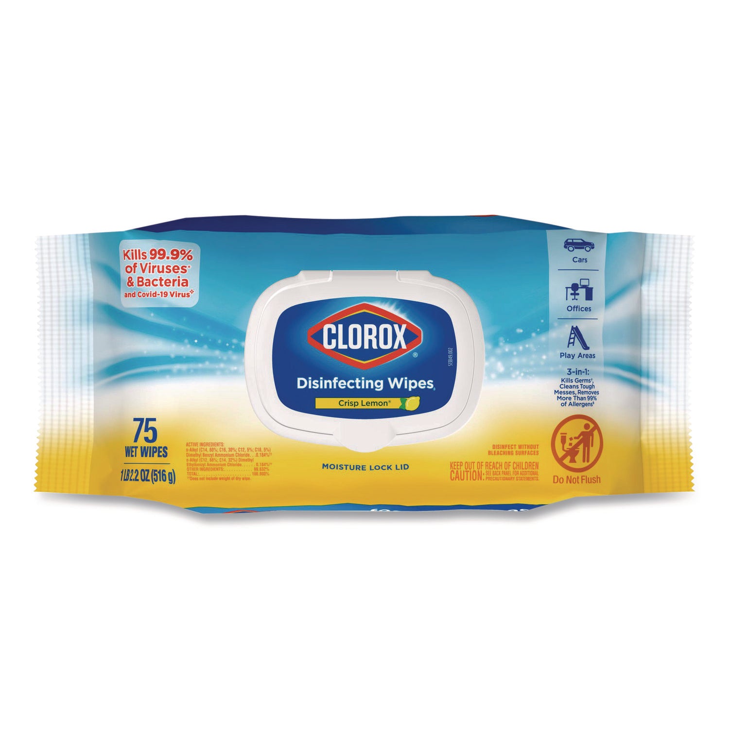 Disinfecting Cleaning Wipes, Flex Pack, 1-Ply, 8 x 7, Lemon Scent, White, 75 Towels/Box