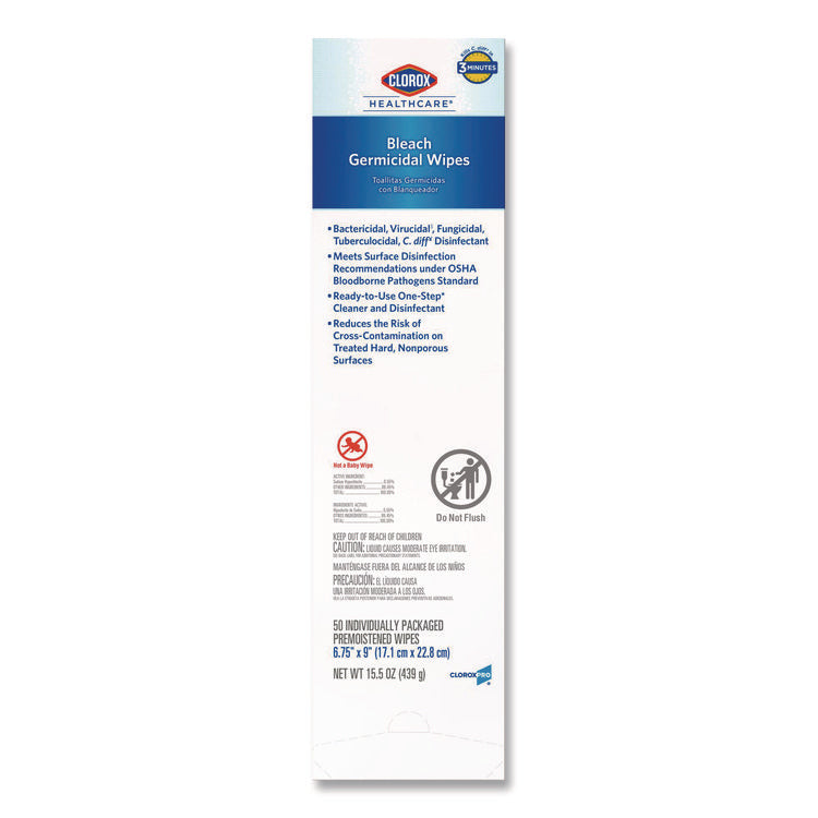 Bleach Germicidal Wipes, Individual Wipes, 1-Ply, 6.75 x 9, Unscented, White, 50/Box, 6 Boxes/Carton