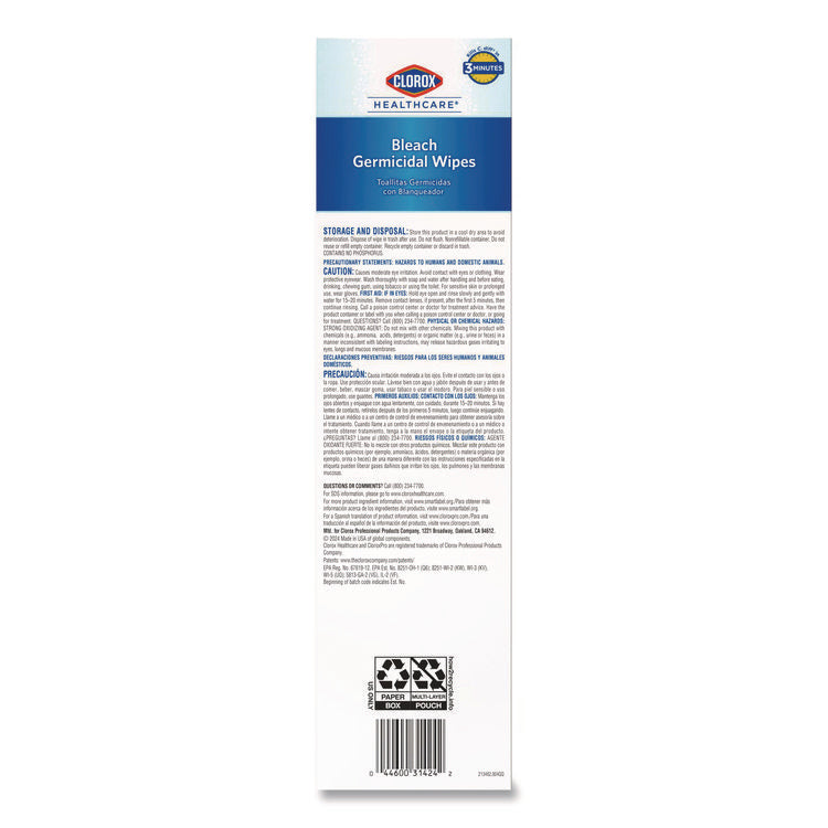 Bleach Germicidal Wipes, Individual Wipes, 1-Ply, 6.75 x 9, Unscented, White, 50/Box, 6 Boxes/Carton