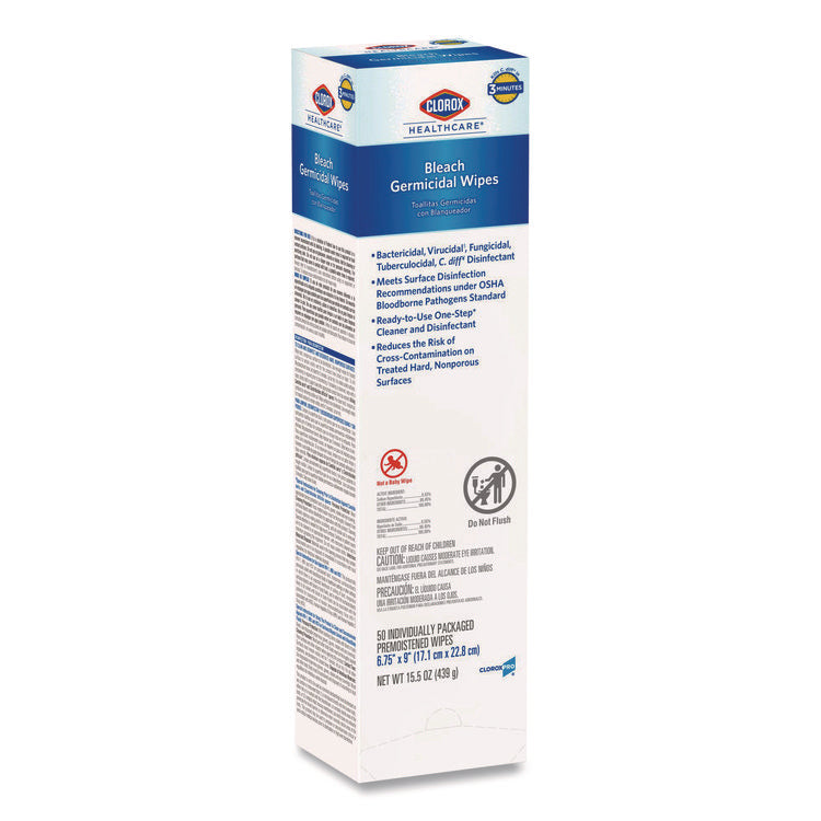 Bleach Germicidal Wipes, Individual Wipes, 1-Ply, 6.75 x 9, Unscented, White, 50/Box, 6 Boxes/Carton