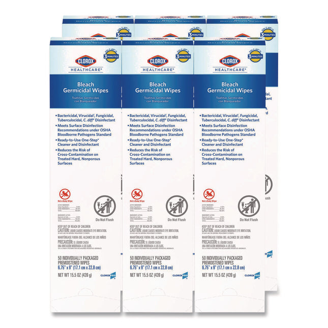 Bleach Germicidal Wipes, Individual Wipes, 1-Ply, 6.75 x 9, Unscented, White, 50/Box, 6 Boxes/Carton