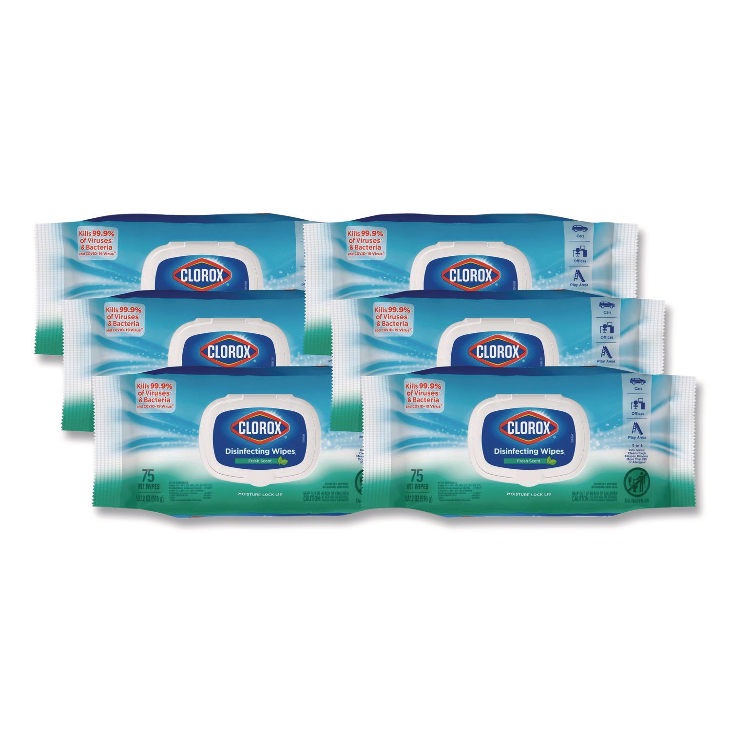 Disinfecting Cleaning Wipes, Flex Pack, 1-Ply, 8 x 7, Fresh Scent, White, 75 Towels/Box, 6 Boxes/Carton