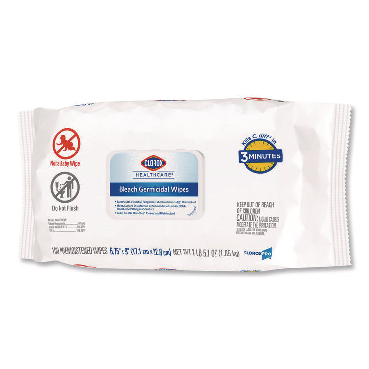 Bleach Germicidal Wipes, Disinfectant Wipes, 1-Ply, 6.75 x 9, Unscented, White, 100 Wipes/Flex-Pack, 6 Flex-Packs/Carton